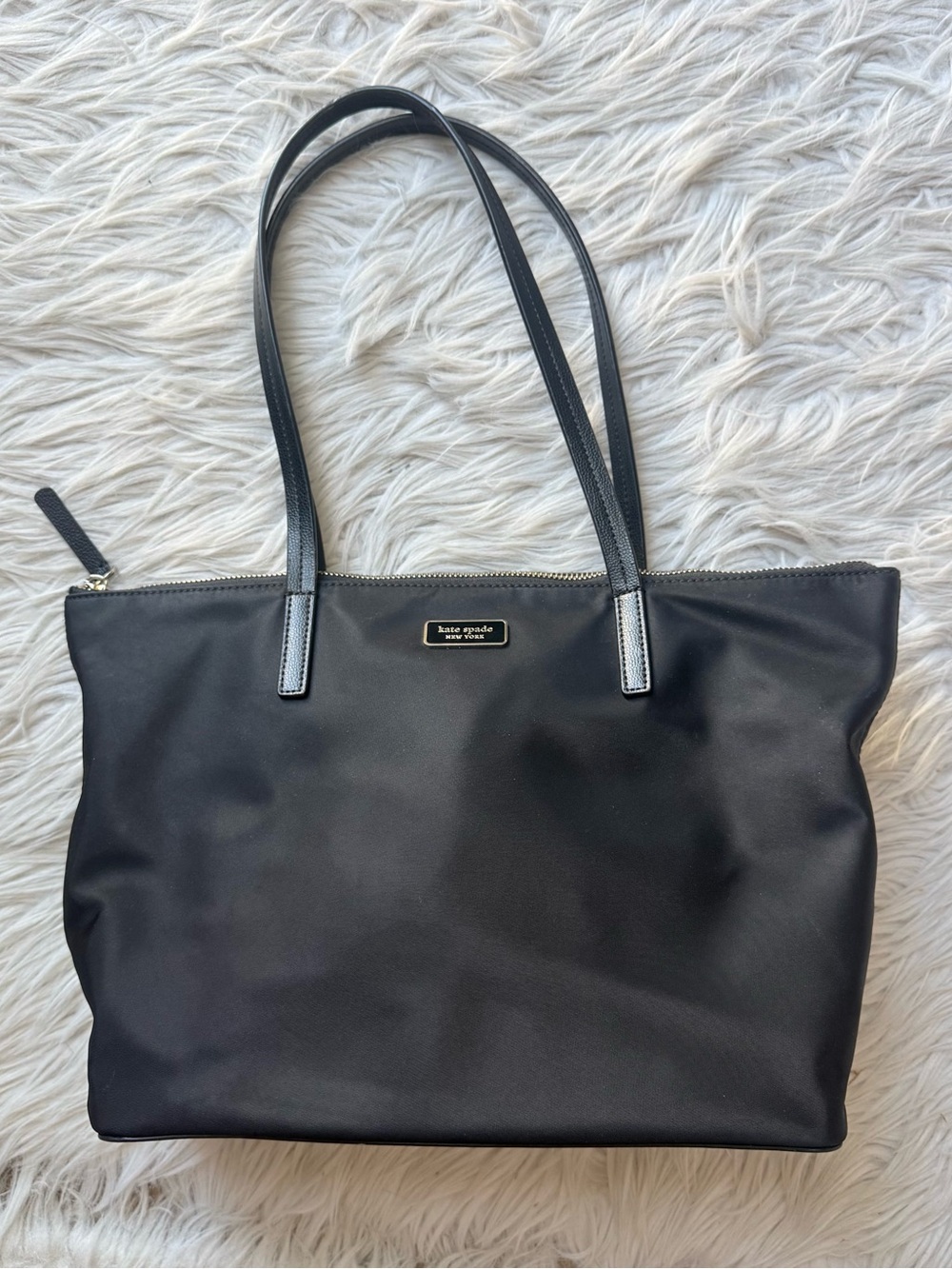 Kate Spade New York Black Nylon Leather Trim Zip Top Tote Bag PXRU4390
